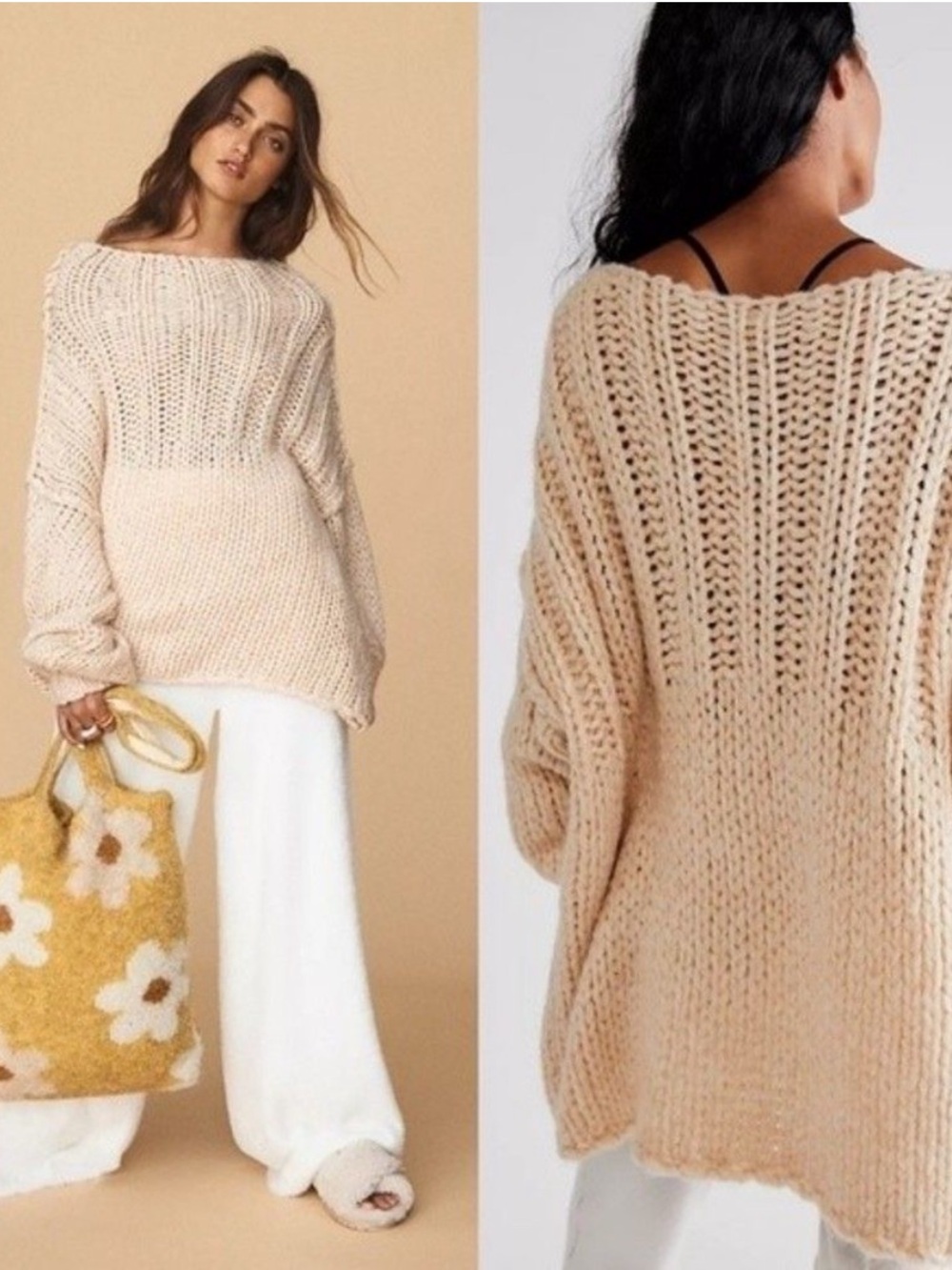 Free People Be There Chunky Knit Sweater Size Small Beige Oversized Neutral